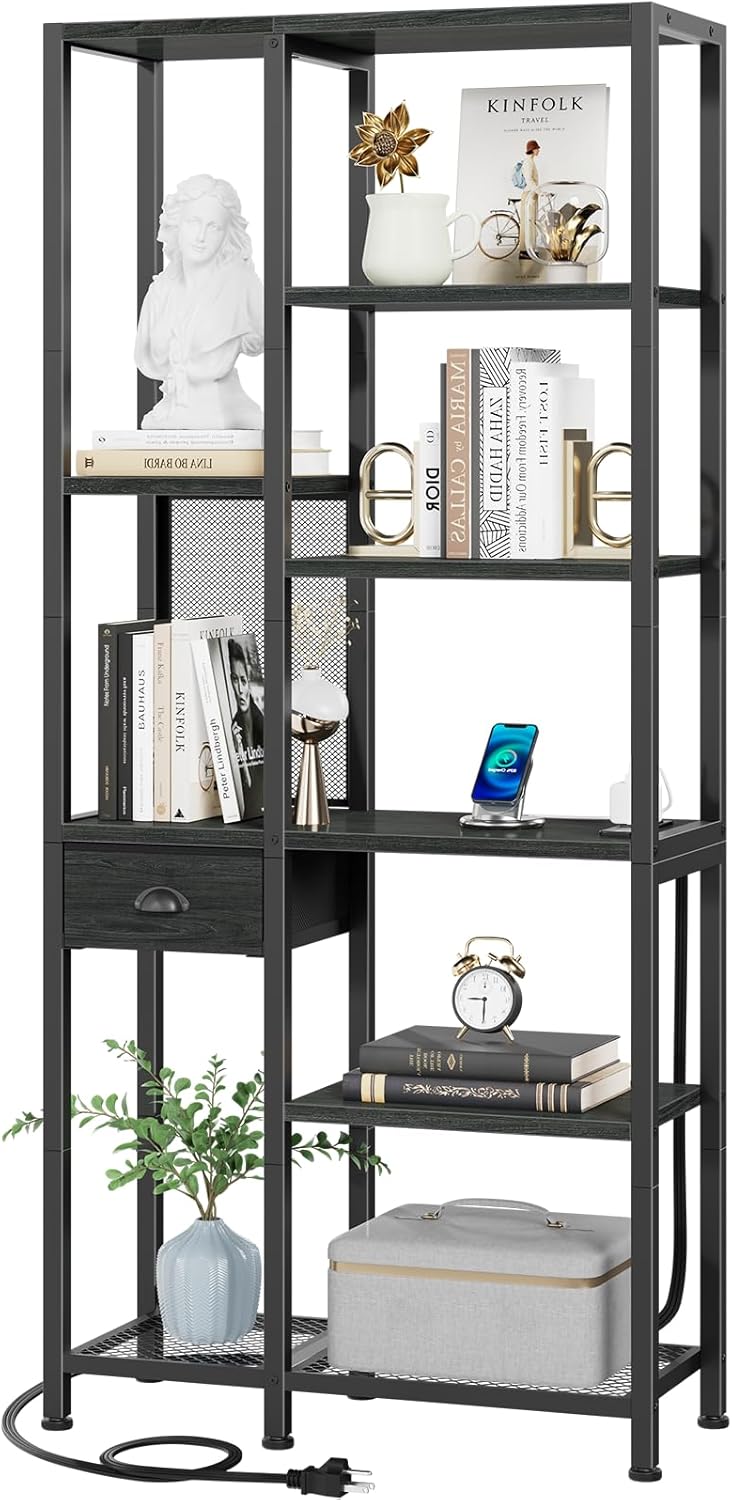 Furologee 6 Tier Bookshelf with USB Ports and Power Outlet, Book Shelf with Charging Station, Bookcase with Drawer, Storage Shelves for Bedroom, Home Office, Living Room, Bathroom, Black Oak