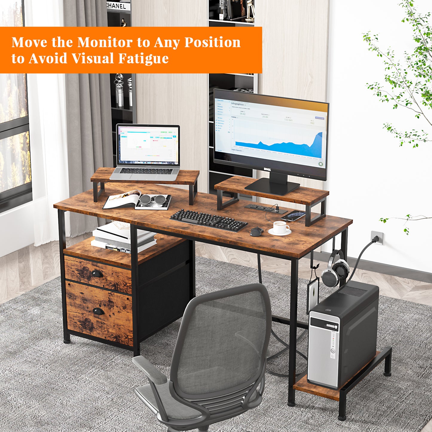 Furologee 47 Inch Computer Desk with Power Outlet, Home Office Desk with Monitor Stand, File Drawers Cabinet, CPU Stand & Hooks, Writing Table for Bedroom Study Work, Rustic Brown (Rustic Brown)