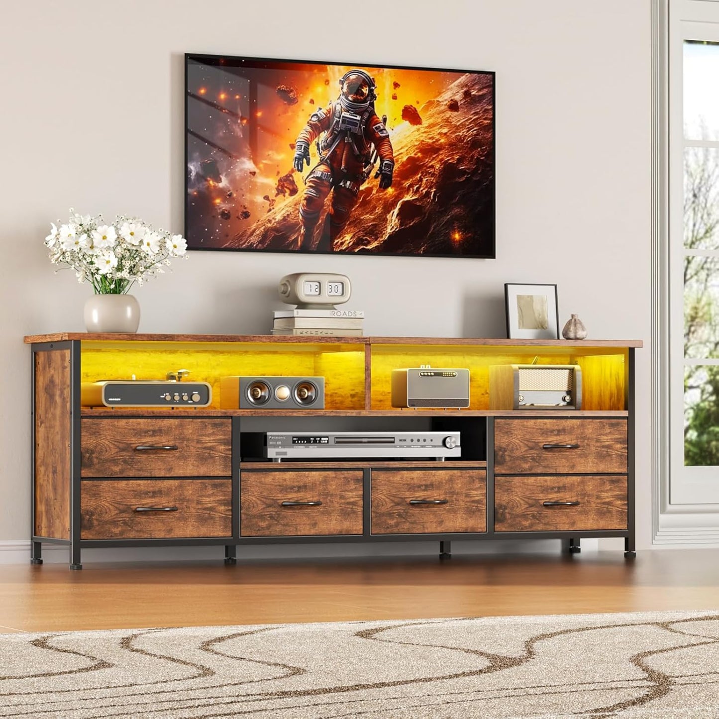 Furologee 55 Inch TV Stand for Bedroom, Entertainment Center with Power Outlets and LED Lights, 6 Drawers Dresser for 50/55/60 inch TVs, Media Console Table with Shelves for Living Room, Rustic Brown