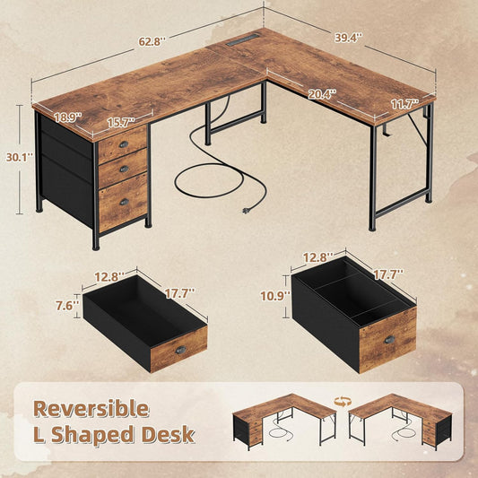 Furologee 63" L Shaped Computer Desk with Power Outlet & USB-C Port, Reversible Home Office Desk with 2 Drawers, File Cabinet, Hooks, Large Corner Table for Gaming, Writing, Work, Rustic Brown