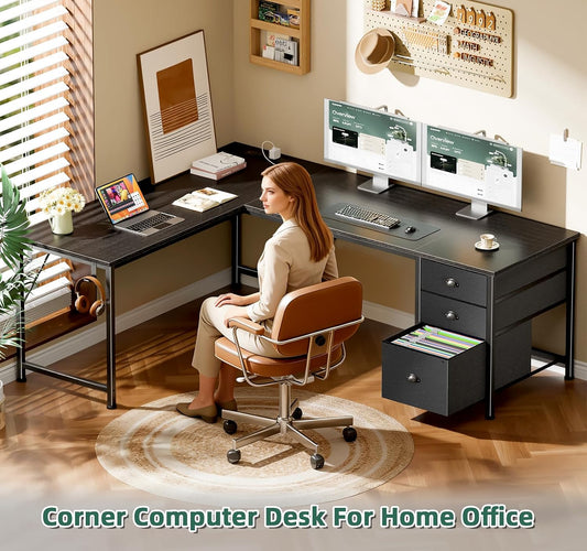 Furologee 63" L Shaped Computer Desk with Power Outlet & USB-C Port, Reversible Home Office Desk with 2 Drawers, File Cabinet, Hooks, Large Corner Table for Gaming, Writing, Work, Black