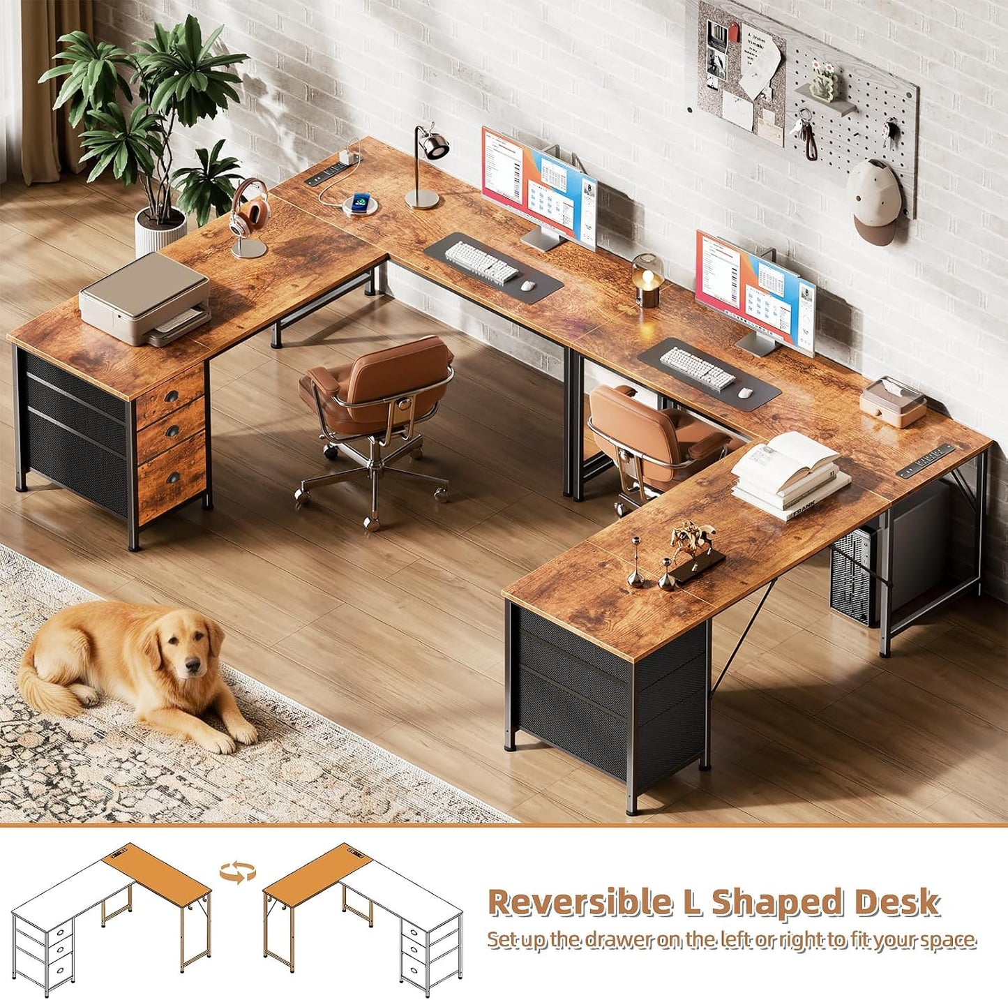 Furologee 63" L Shaped Computer Desk with Power Outlet & USB-C Port, Reversible Home Office Desk with 2 Drawers, File Cabinet, Hooks, Large Corner Table for Gaming, Writing, Work, Rustic Brown