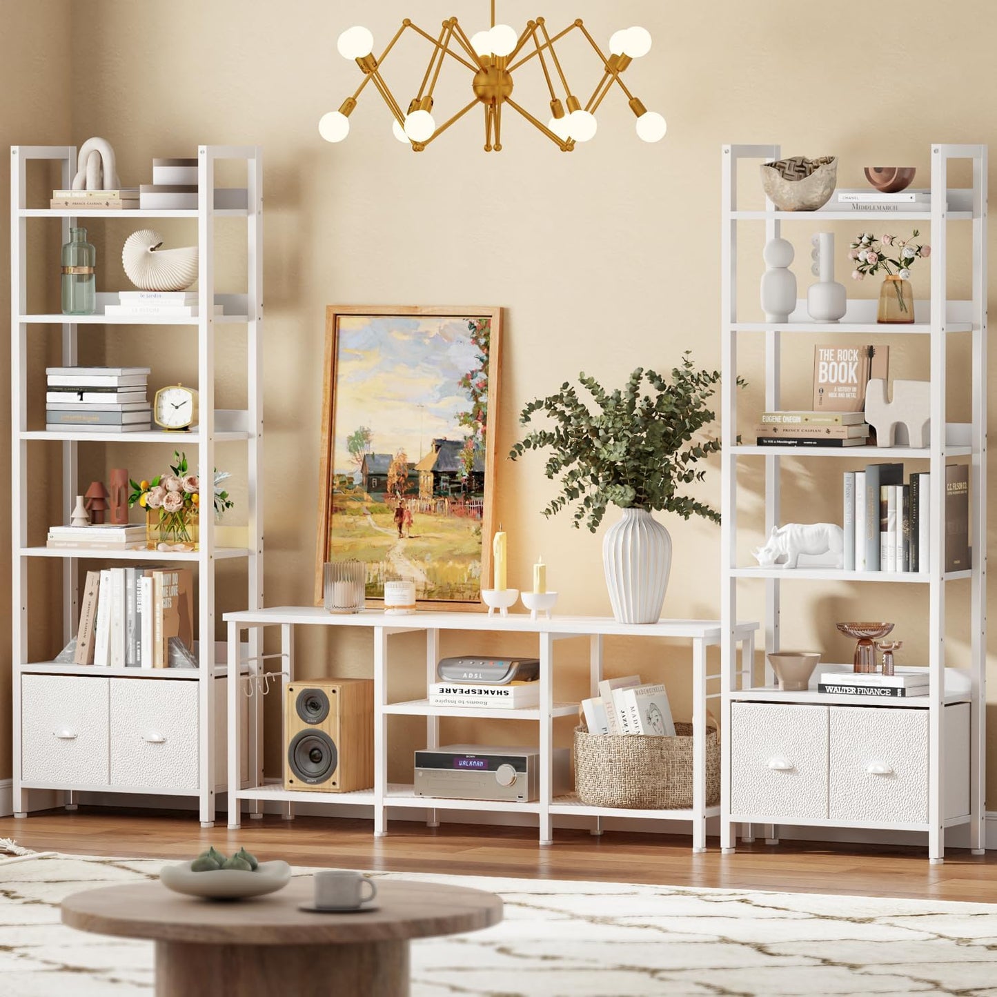 Furologee 6-Tier Bookshelf Set of 2,Tall Bookcase with 2 Drawers and Shelves, Industrial Display Free Standing Shelf Units, Storage Rack Organizer for Bedroom, Living Room, Home Office, White