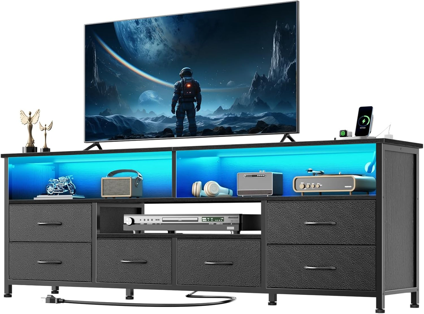 Furologee 63 Inch TV Stand, Entertainment Center for 60 65 70 Inch TVs, 6 Drawers Black Dresser with Power Outlets and LED Lights, Media Console Table with Shelves for Bedroom/Living Room, PU Leather