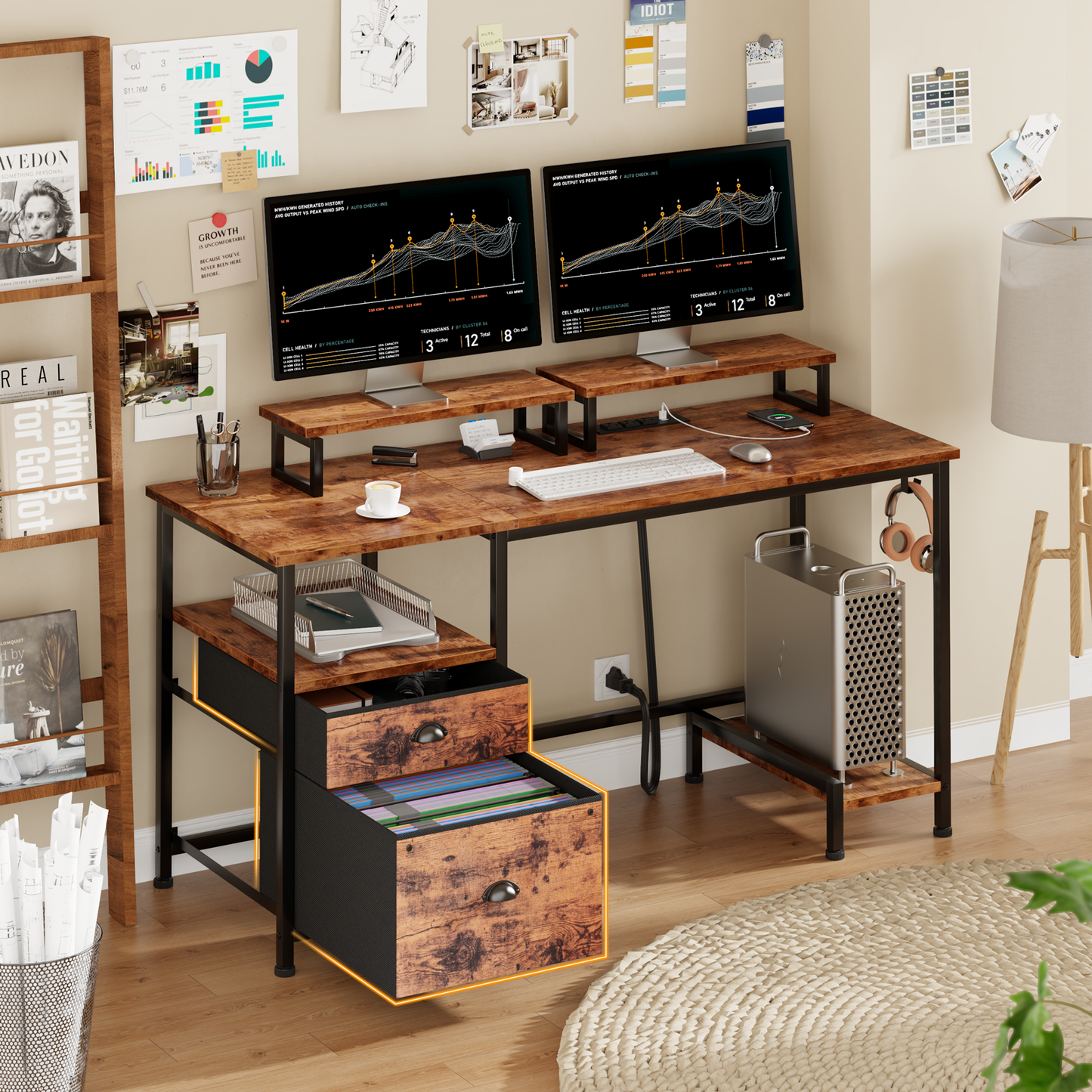 Furologee 47 Inch Computer Desk with Power Outlet, Home Office Desk with Monitor Stand, File Drawers Cabinet, CPU Stand & Hooks, Writing Table for Bedroom Study Work, Rustic Brown (Rustic Brown)