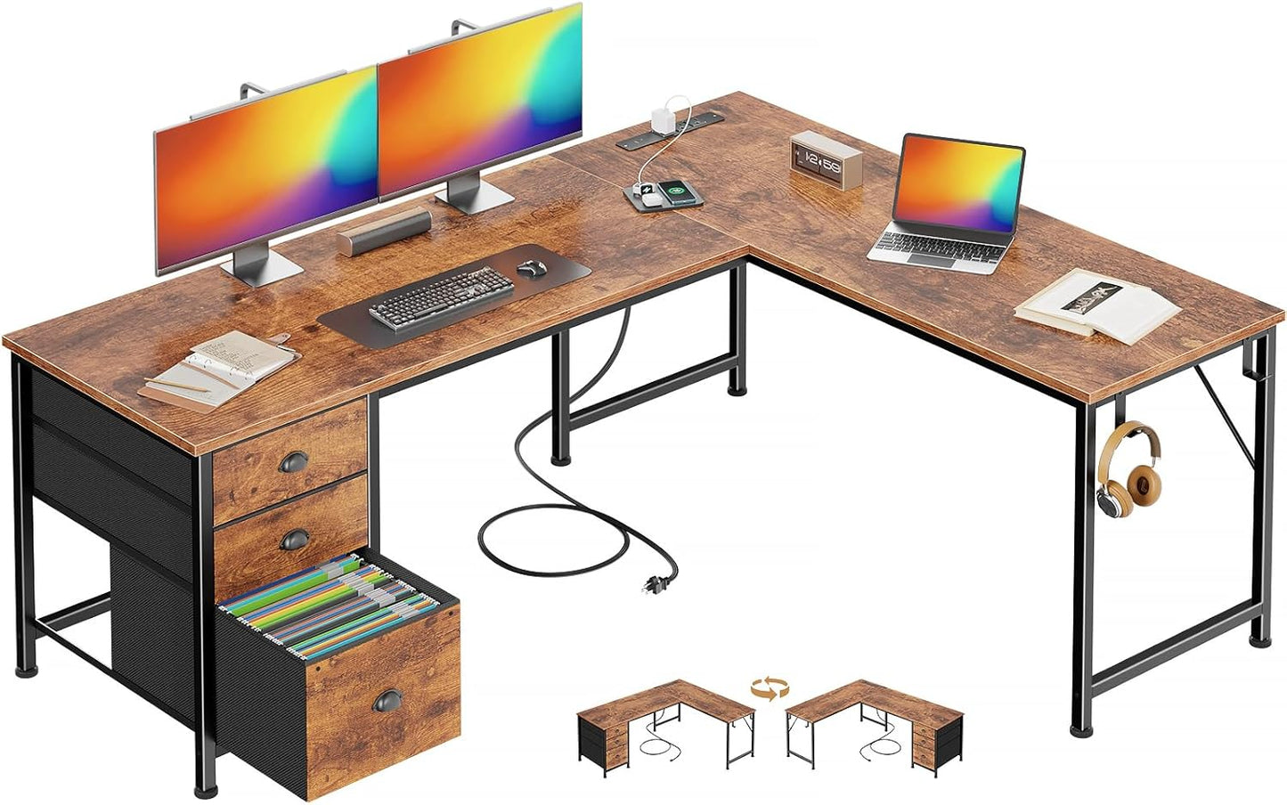 Furologee 63" L Shaped Computer Desk with Power Outlet & USB-C Port, Reversible Home Office Desk with 2 Drawers, File Cabinet, Hooks, Large Corner Table for Gaming, Writing, Work, Rustic Brown