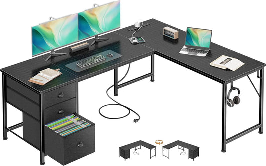 Furologee 63" L Shaped Computer Desk with Power Outlet & USB-C Port, Reversible Home Office Desk with 2 Drawers, File Cabinet, Hooks, Large Corner Table for Gaming, Writing, Work, Black