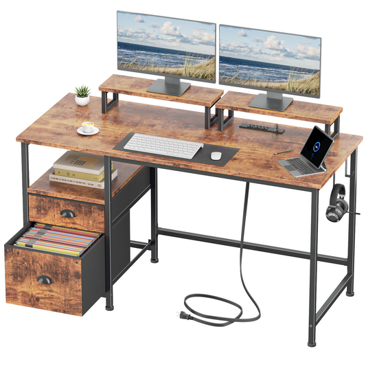 Furologee 47 Inch Computer Desk with Power Outlet, Home Office Desk with Monitor Stand, File Drawers Cabinet, CPU Stand & Hooks, Writing Table for Bedroom Study Work, Rustic Brown (Rustic Brown)