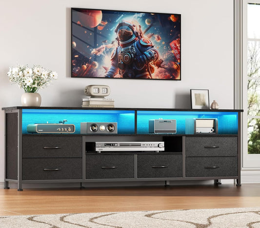 Furologee 63 Inch TV Stand, Entertainment Center for 60 65 70 Inch TVs, 6 Drawers Black Dresser with Power Outlets and LED Lights, Media Console Table with Shelves for Bedroom/Living Room, PU Leather