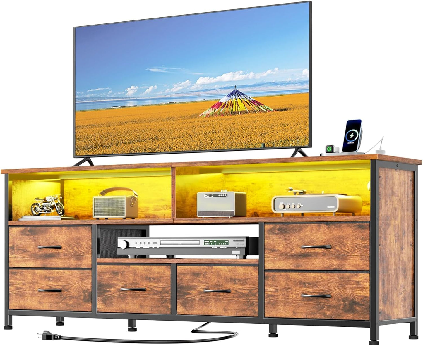 Furologee 55 Inch TV Stand for Bedroom, Entertainment Center with Power Outlets and LED Lights, 6 Drawers Dresser for 50/55/60 inch TVs, Media Console Table with Shelves for Living Room, Rustic Brown