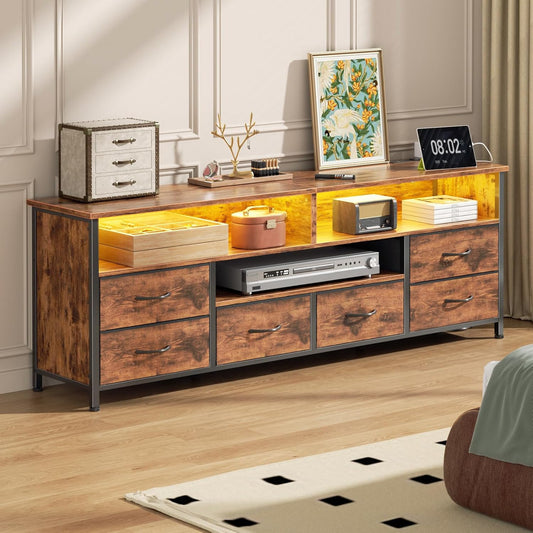 Furologee 55 Inch TV Stand for Bedroom, Entertainment Center with Power Outlets and LED Lights, 6 Drawers Dresser for 50/55/60 inch TVs, Media Console Table with Shelves for Living Room, Rustic Brown