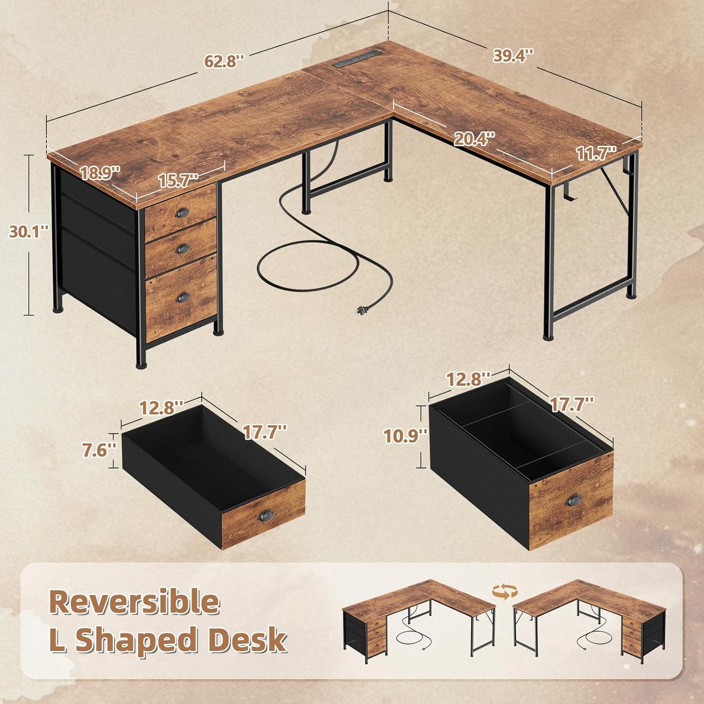 Furologee 63" L Shaped Computer Desk with Power Outlet & USB-C Port, Reversible Home Office Desk with 2 Drawers, File Cabinet, Hooks, Large Corner Table for Gaming, Writing, Work, Rustic Brown