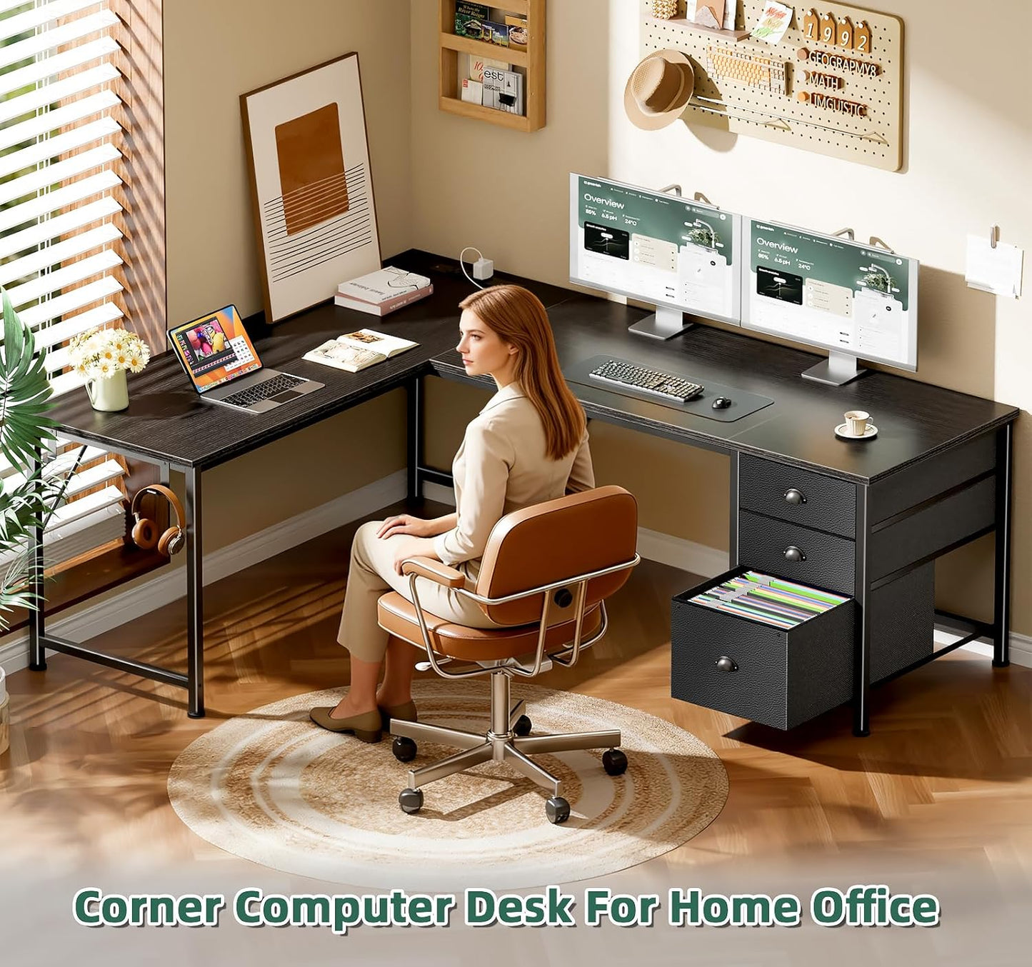 Furologee 63" L Shaped Computer Desk with Power Outlet & USB-C Port, Reversible Home Office Desk with 2 Drawers, File Cabinet, Hooks, Large Corner Table for Gaming, Writing, Work, Black