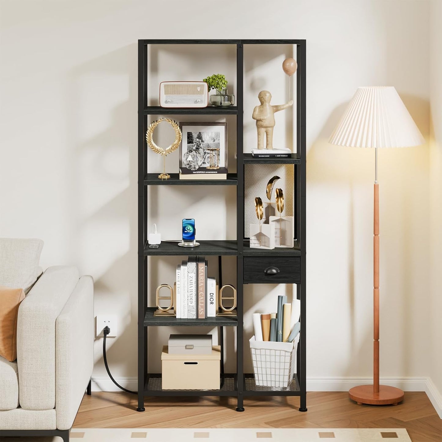 Furologee 6 Tier Bookshelf with USB Ports and Power Outlet, Book Shelf with Charging Station, Bookcase with Drawer, Storage Shelves for Bedroom, Home Office, Living Room, Bathroom, Black Oak