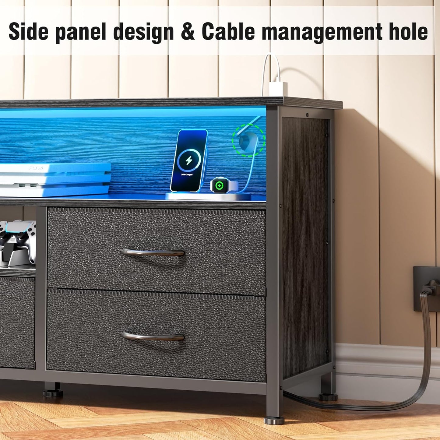 Furologee 63 Inch TV Stand, Entertainment Center for 60 65 70 Inch TVs, 6 Drawers Black Dresser with Power Outlets and LED Lights, Media Console Table with Shelves for Bedroom/Living Room, PU Leather