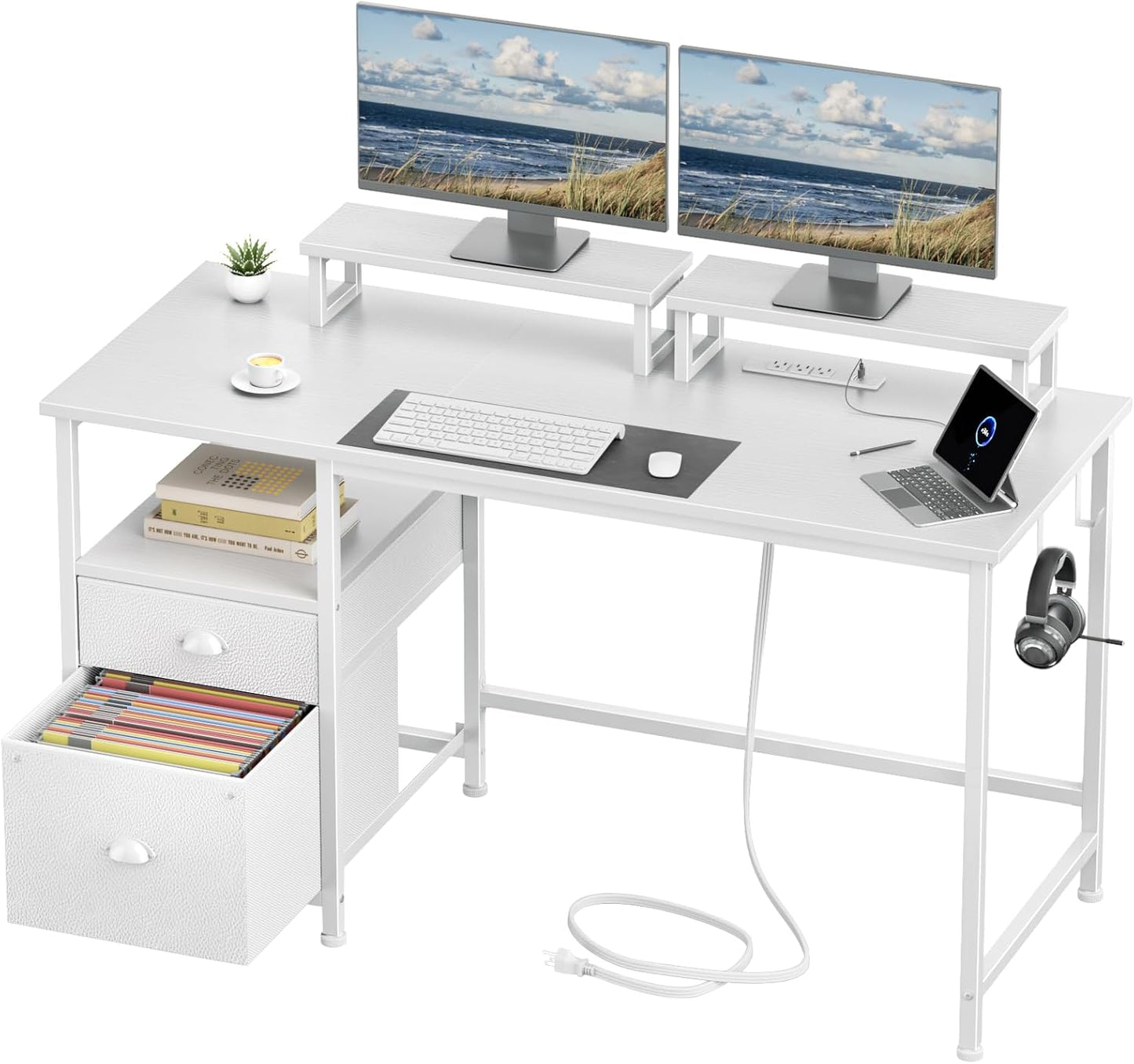 Furologee 47 Inch Computer Desk with Power Outlet, Home Office Desk with Monitor Stand, File Drawers Cabinet, CPU Stand & Hooks, Writing Table for Bedroom Study Work, White