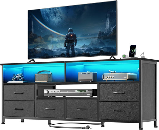 Furologee 55 Inch TV Stand for Bedroom, Entertainment Center with Power Outlets and LED Lights, Dresser with 6 Drawers for 50/55/60 inch TVs, Media Console Table with Shelves for Living Room, Black