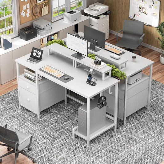 Furologee 47 Inch Computer Desk with Power Outlet, Home Office Desk with Monitor Stand, File Drawers Cabinet, CPU Stand & Hooks, Writing Table for Bedroom Study Work, White