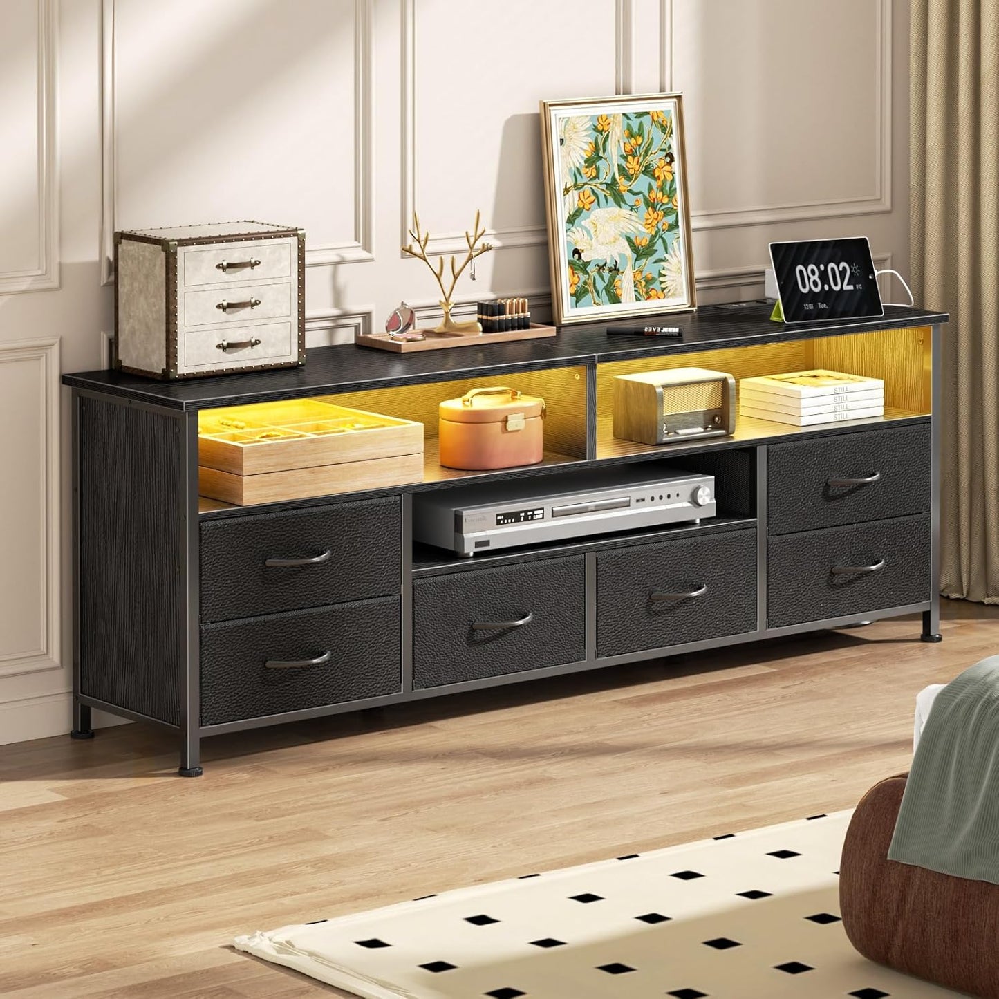 Furologee 55 Inch TV Stand for Bedroom, Entertainment Center with Power Outlets and LED Lights, Dresser with 6 Drawers for 50/55/60 inch TVs, Media Console Table with Shelves for Living Room, Black