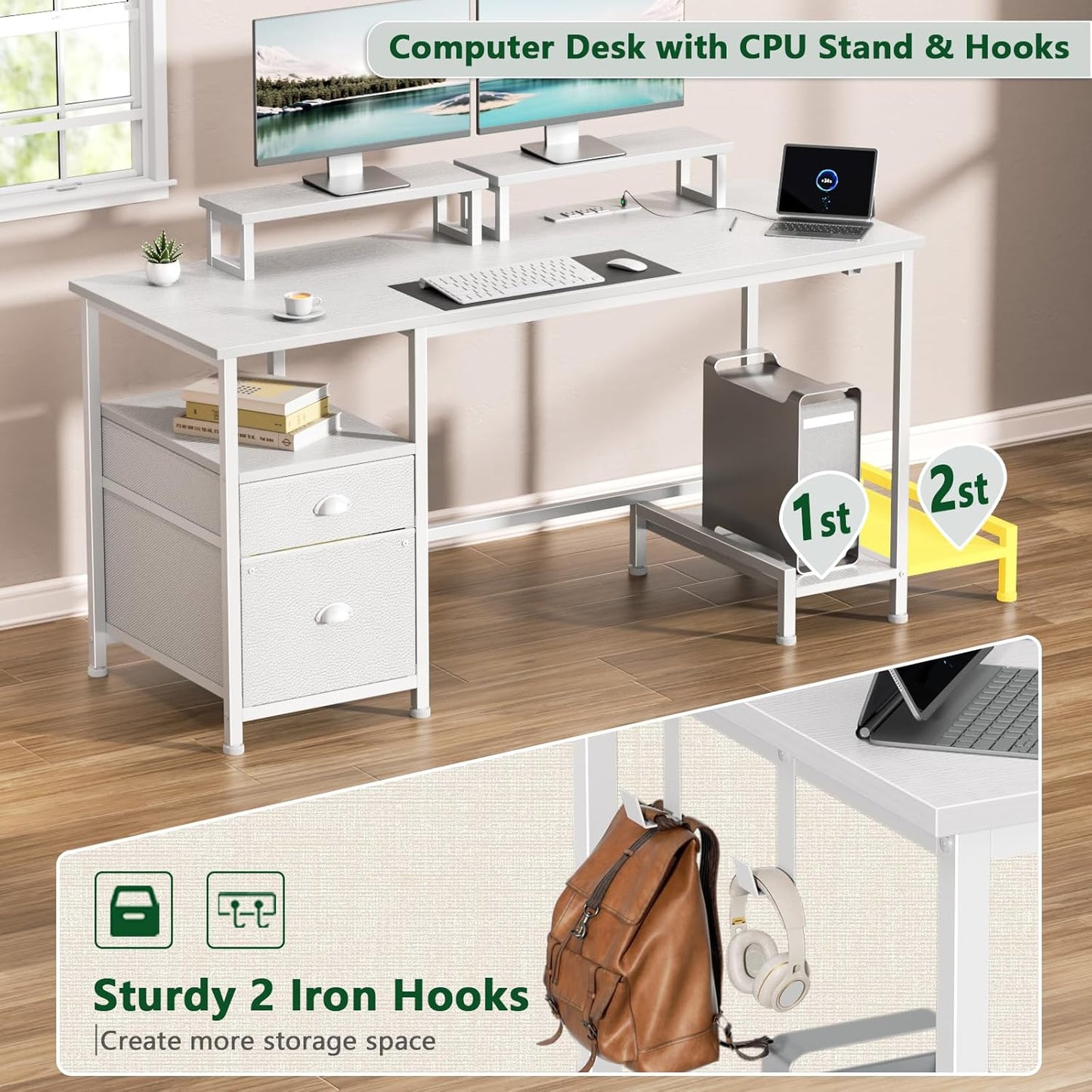 Furologee 47 Inch Computer Desk with Power Outlet, Home Office Desk with Monitor Stand, File Drawers Cabinet, CPU Stand & Hooks, Writing Table for Bedroom Study Work, White