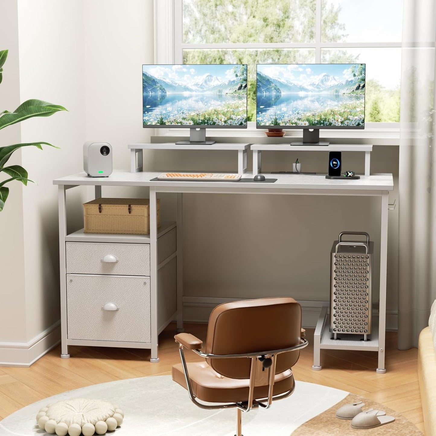 Furologee 47 Inch Computer Desk with Power Outlet, Home Office Desk with Monitor Stand, File Drawers Cabinet, CPU Stand & Hooks, Writing Table for Bedroom Study Work, White