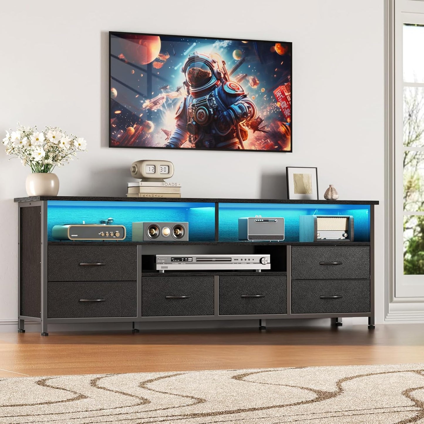 Furologee 55 Inch TV Stand for Bedroom, Entertainment Center with Power Outlets and LED Lights, Dresser with 6 Drawers for 50/55/60 inch TVs, Media Console Table with Shelves for Living Room, Black