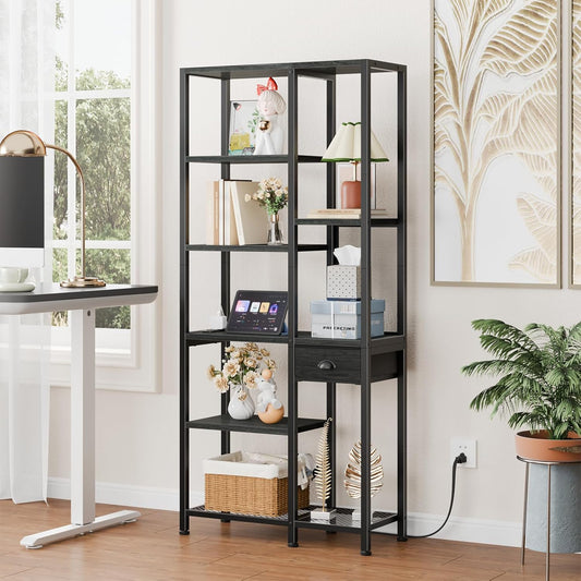 Furologee 6 Tier Bookshelf with USB Ports and Power Outlet, Book Shelf with Charging Station, Bookcase with Drawer, Storage Shelves for Bedroom, Home Office, Living Room, Bathroom, Black Oak