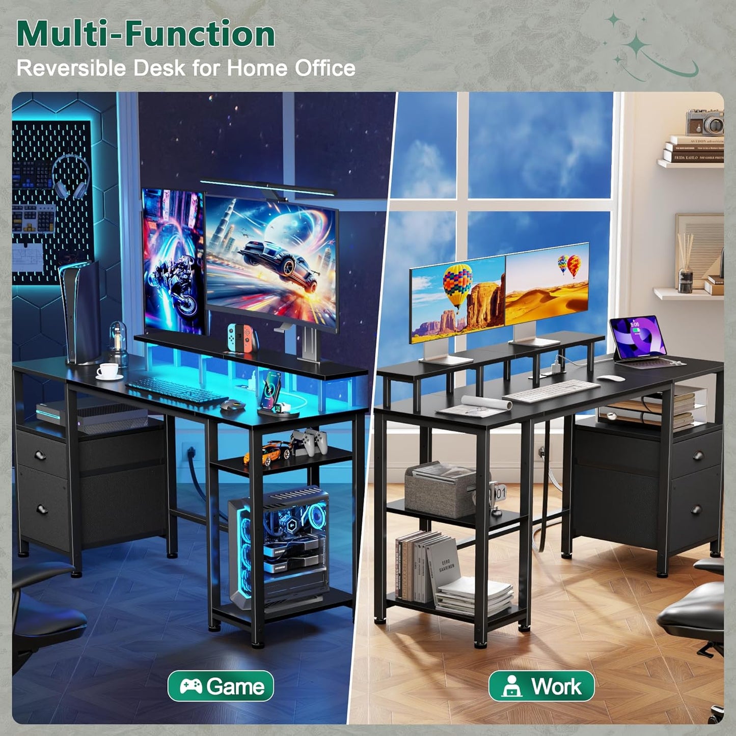 Furologee 61" Gaming Desk with Power Outlets & LED Lights, Reversible Computer Desk with File Cabinet & Monitor Stand for Home Office, Large Work Table with Storage Shelves & Drawer, Black