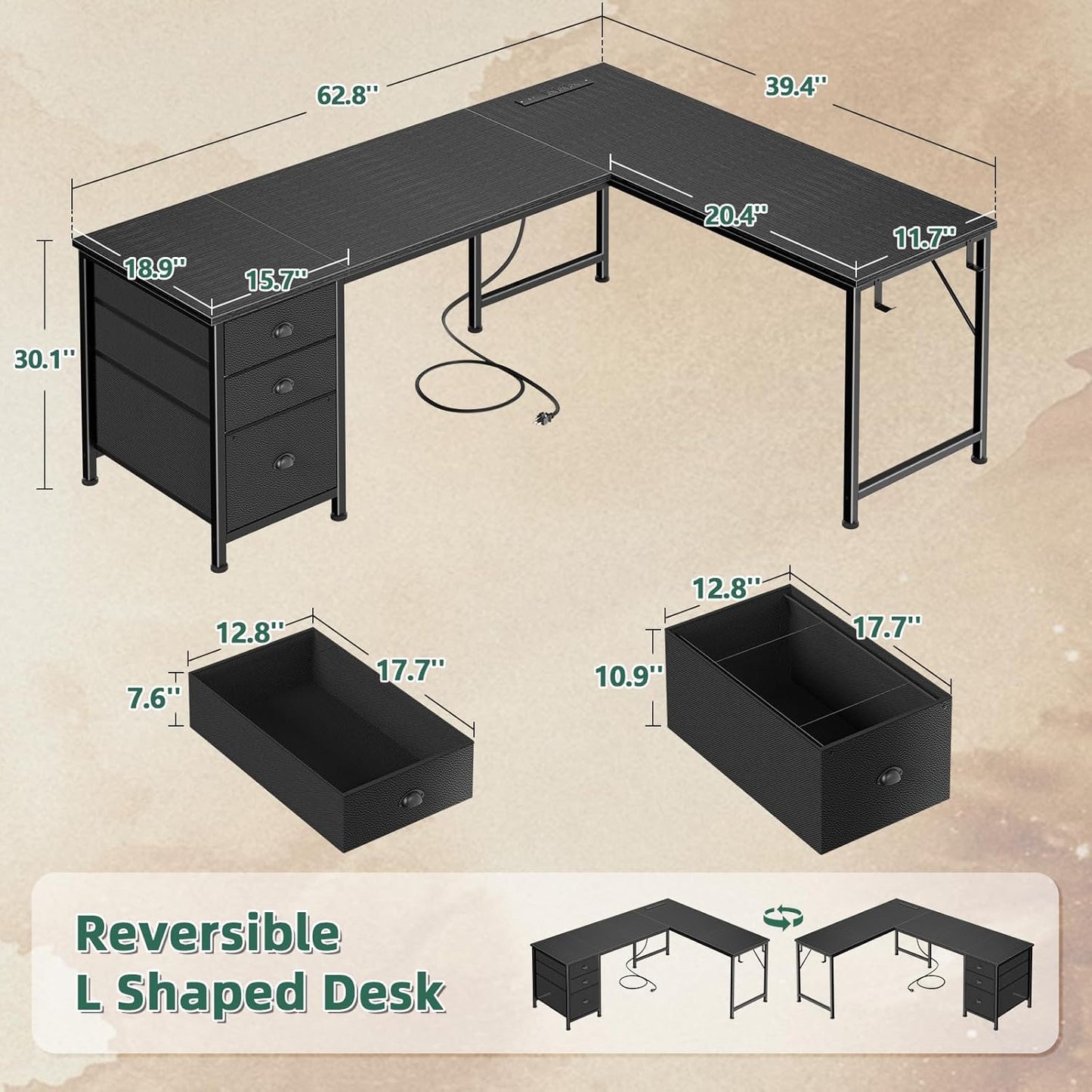 Furologee 63" L Shaped Computer Desk with Power Outlet & USB-C Port, Reversible Home Office Desk with 2 Drawers, File Cabinet, Hooks, Large Corner Table for Gaming, Writing, Work, Black
