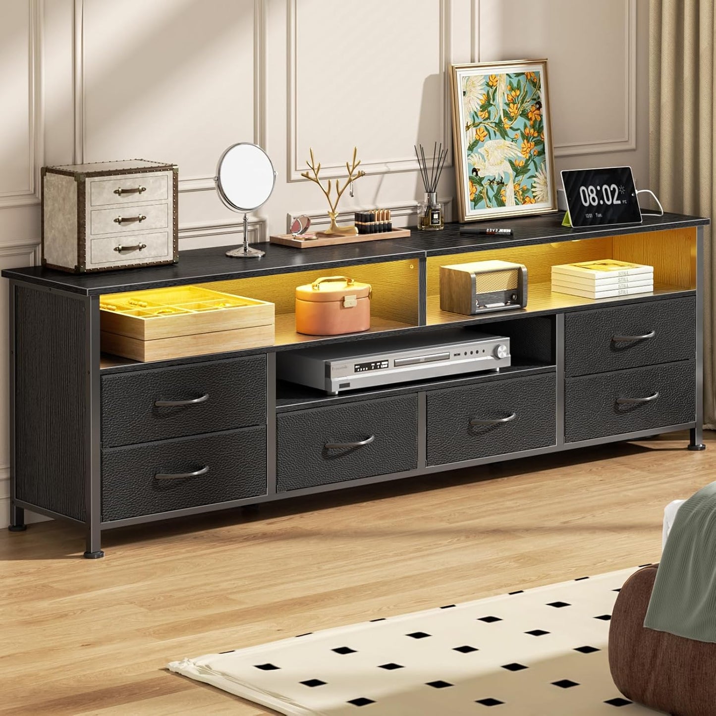 Furologee 63 Inch TV Stand, Entertainment Center for 60 65 70 Inch TVs, 6 Drawers Black Dresser with Power Outlets and LED Lights, Media Console Table with Shelves for Bedroom/Living Room, PU Leather