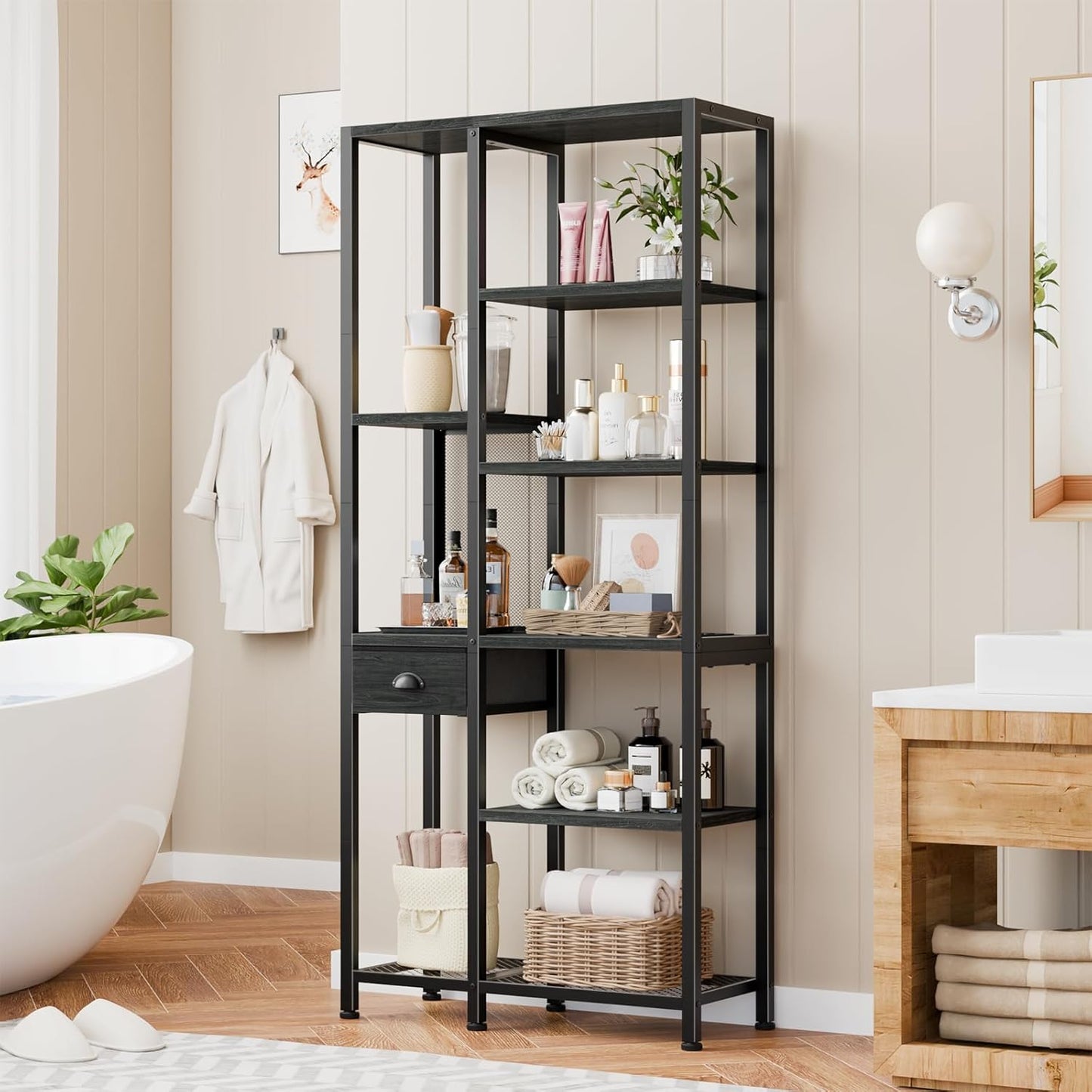 Furologee 6 Tier Bookshelf with USB Ports and Power Outlet, Book Shelf with Charging Station, Bookcase with Drawer, Storage Shelves for Bedroom, Home Office, Living Room, Bathroom, Black Oak