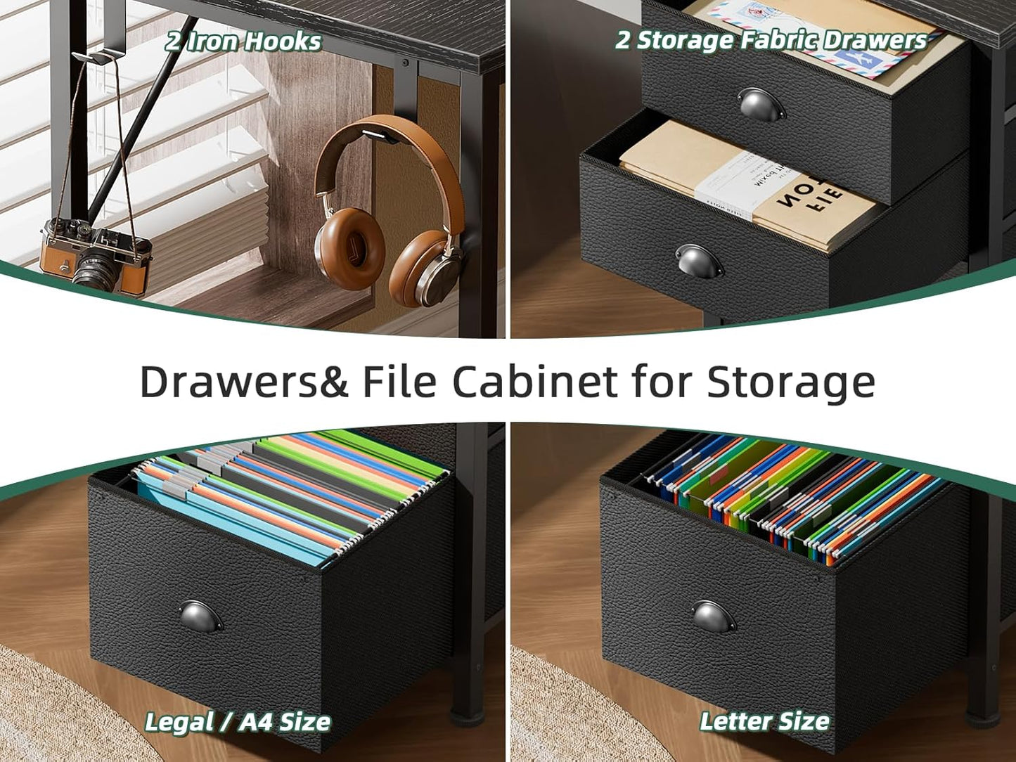 Furologee 63" L Shaped Computer Desk with Power Outlet & USB-C Port, Reversible Home Office Desk with 2 Drawers, File Cabinet, Hooks, Large Corner Table for Gaming, Writing, Work, Black