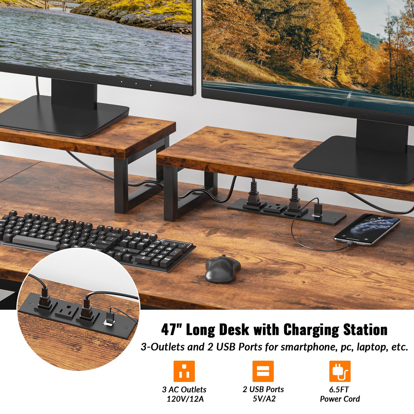 Furologee 47 Inch Computer Desk with Power Outlet, Home Office Desk with Monitor Stand, File Drawers Cabinet, CPU Stand & Hooks, Writing Table for Bedroom Study Work, Rustic Brown (Rustic Brown)