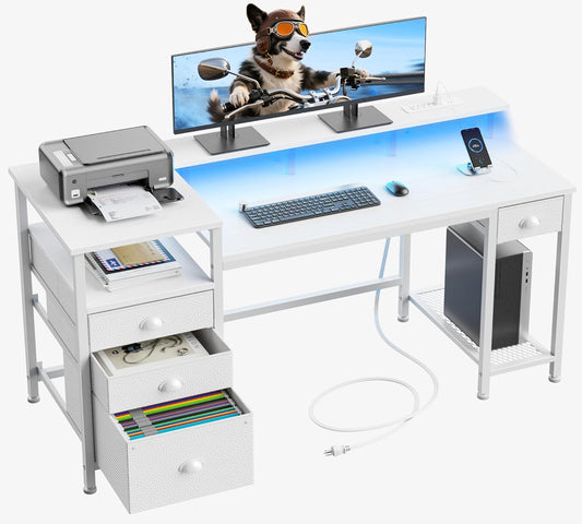 Furologee 60" White Office Computer Desk with 4 Drawers,Gaming Desk with LED Lights and Power Outlets,Long Desk with Fabric File Cabinet,Study Writing Work Table with Shelf for Bedroom Home Office