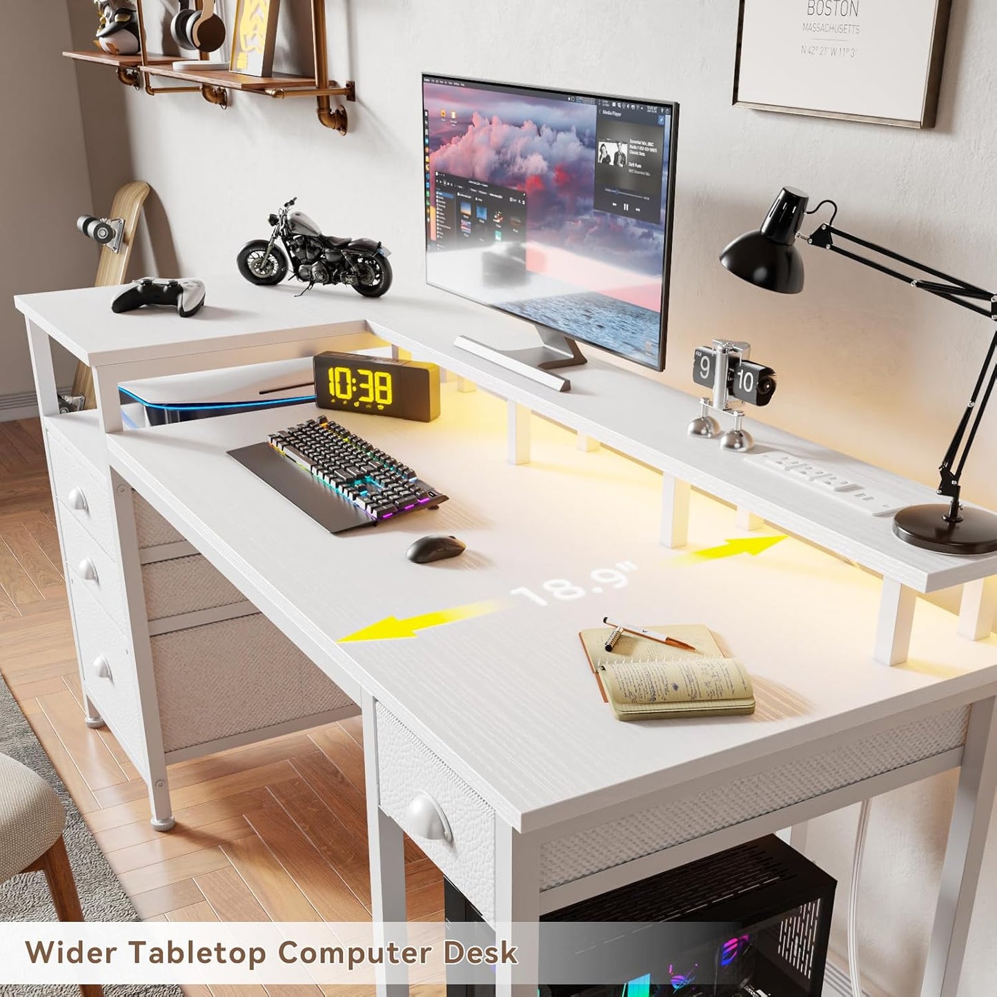 Furologee 60" White Office Computer Desk with 4 Drawers,Gaming Desk with LED Lights and Power Outlets,Long Desk with Fabric File Cabinet,Study Writing Work Table with Shelf for Bedroom Home Office
