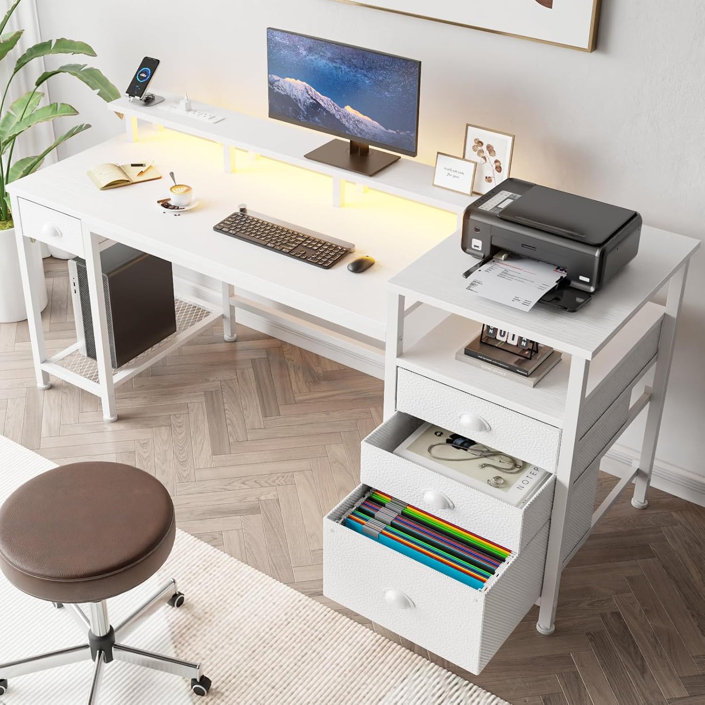 Furologee 60" White Office Computer Desk with 4 Drawers,Gaming Desk with LED Lights and Power Outlets,Long Desk with Fabric File Cabinet,Study Writing Work Table with Shelf for Bedroom Home Office