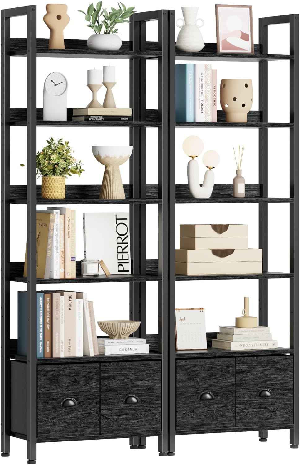 Furologee 6-Tier Bookshelf Set of 2, Tall Bookcase with 2 Drawers and Shelves, Industrial Display Free Standing Shelf Units, Storage Rack Organizer for Bedroom, Living Room, Home Office, Black Oak