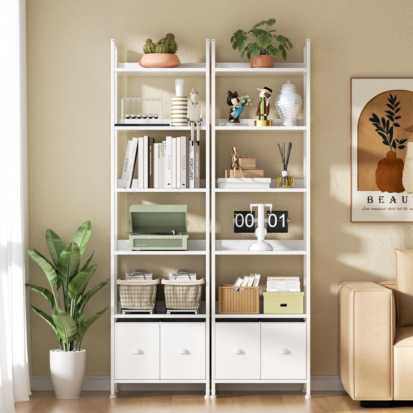 Furologee 6-Tier Bookshelf Set of 2,Tall Bookcase with 2 Drawers and Shelves, Industrial Display Free Standing Shelf Units, Storage Rack Organizer for Bedroom, Living Room, Home Office, White