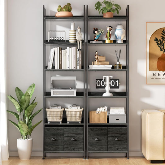 Furologee 6-Tier Bookshelf Set of 2, Tall Bookcase with 2 Drawers and Shelves, Industrial Display Free Standing Shelf Units, Storage Rack Organizer for Bedroom, Living Room, Home Office, Black Oak