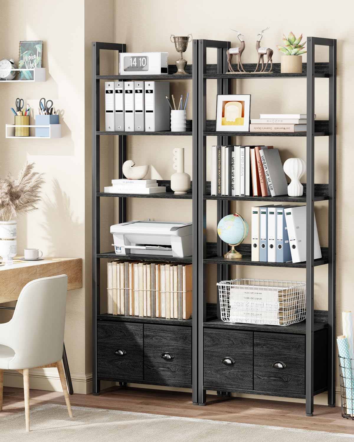 Furologee 6-Tier Bookshelf Set of 2, Tall Bookcase with 2 Drawers and Shelves, Industrial Display Free Standing Shelf Units, Storage Rack Organizer for Bedroom, Living Room, Home Office, Black Oak