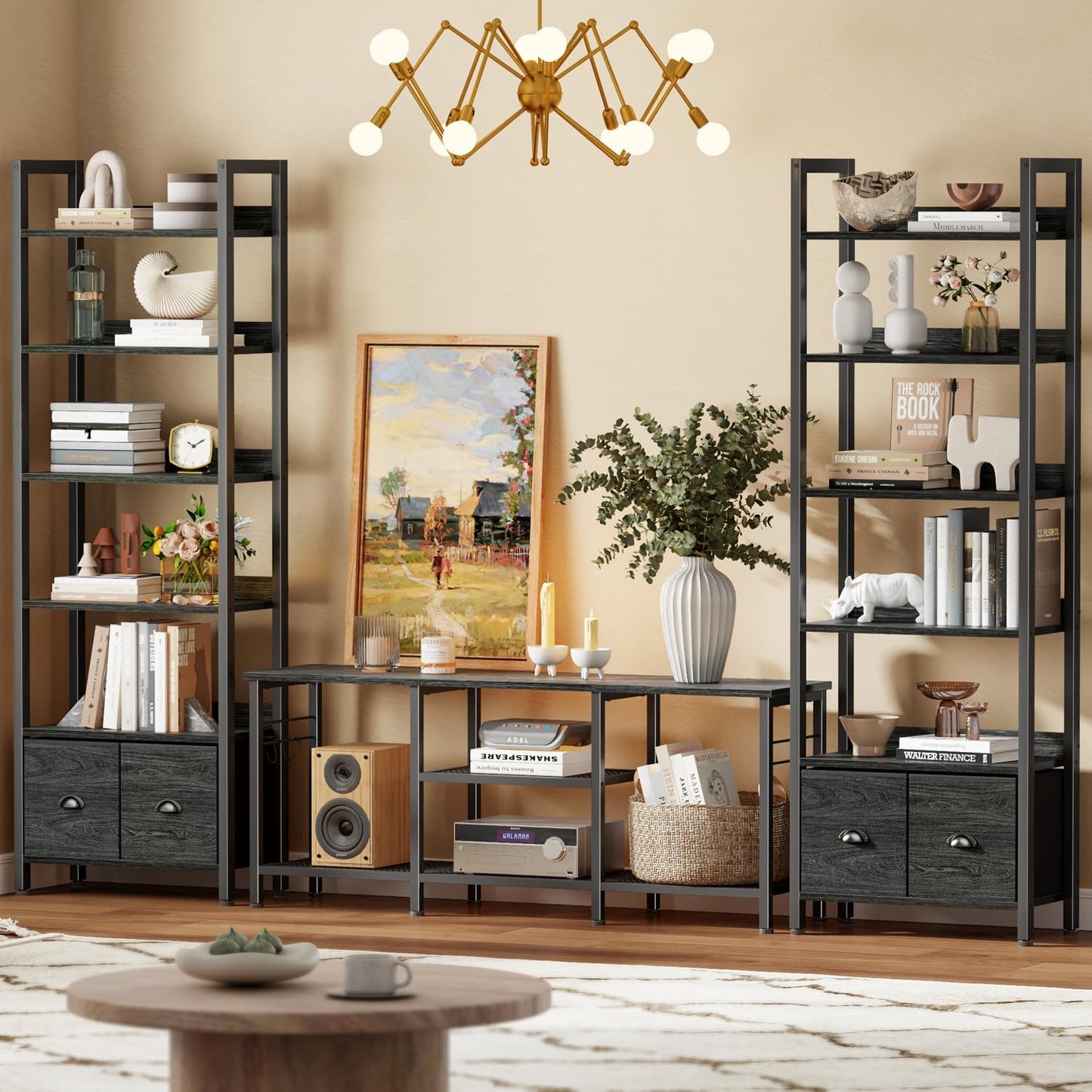 Furologee 6-Tier Bookshelf Set of 2, Tall Bookcase with 2 Drawers and Shelves, Industrial Display Free Standing Shelf Units, Storage Rack Organizer for Bedroom, Living Room, Home Office, Black Oak